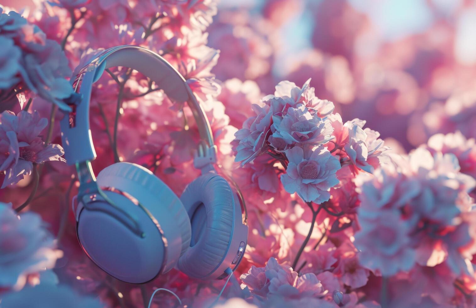 AI generated headphones over flowers in the air. photo