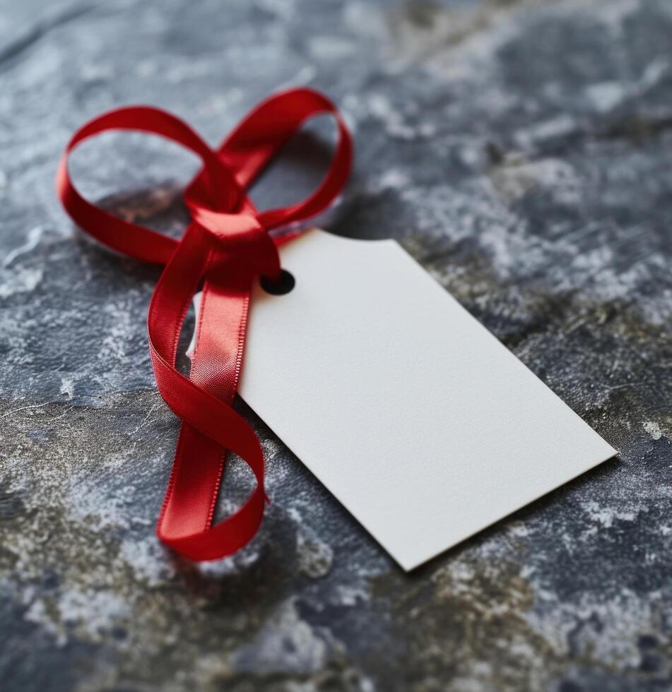 AI generated white tag with red ribbon hanging on grey photo