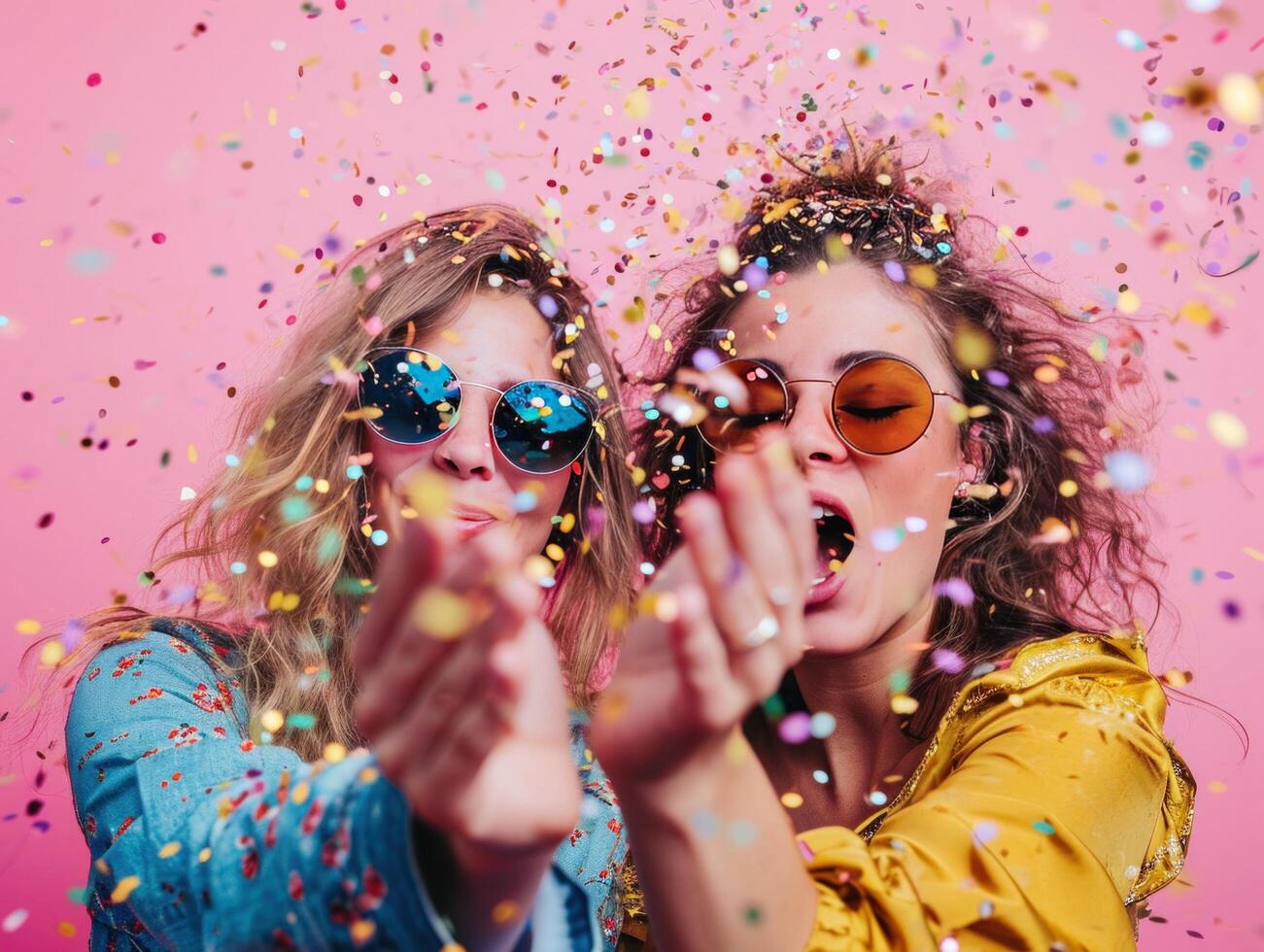 AI generated women in sunglasses and glasses on pink background blowing confetti photo