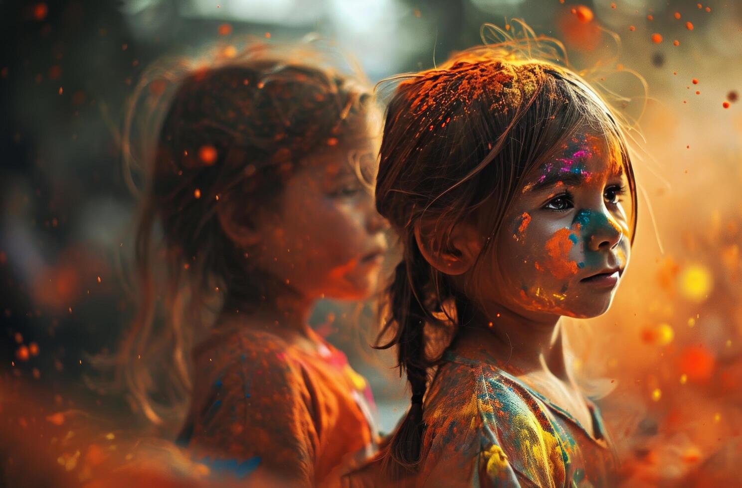 AI generated little girls dressed in colorful powder. photo