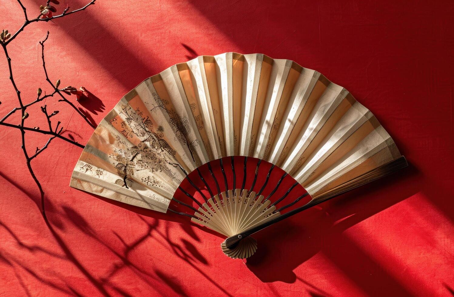 AI generated handmade paper fan with flower on a red background photo