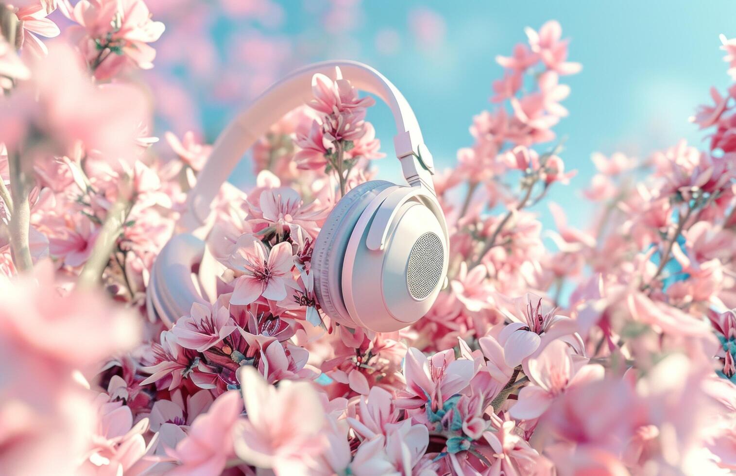 AI generated headphones over flowers in the air. photo
