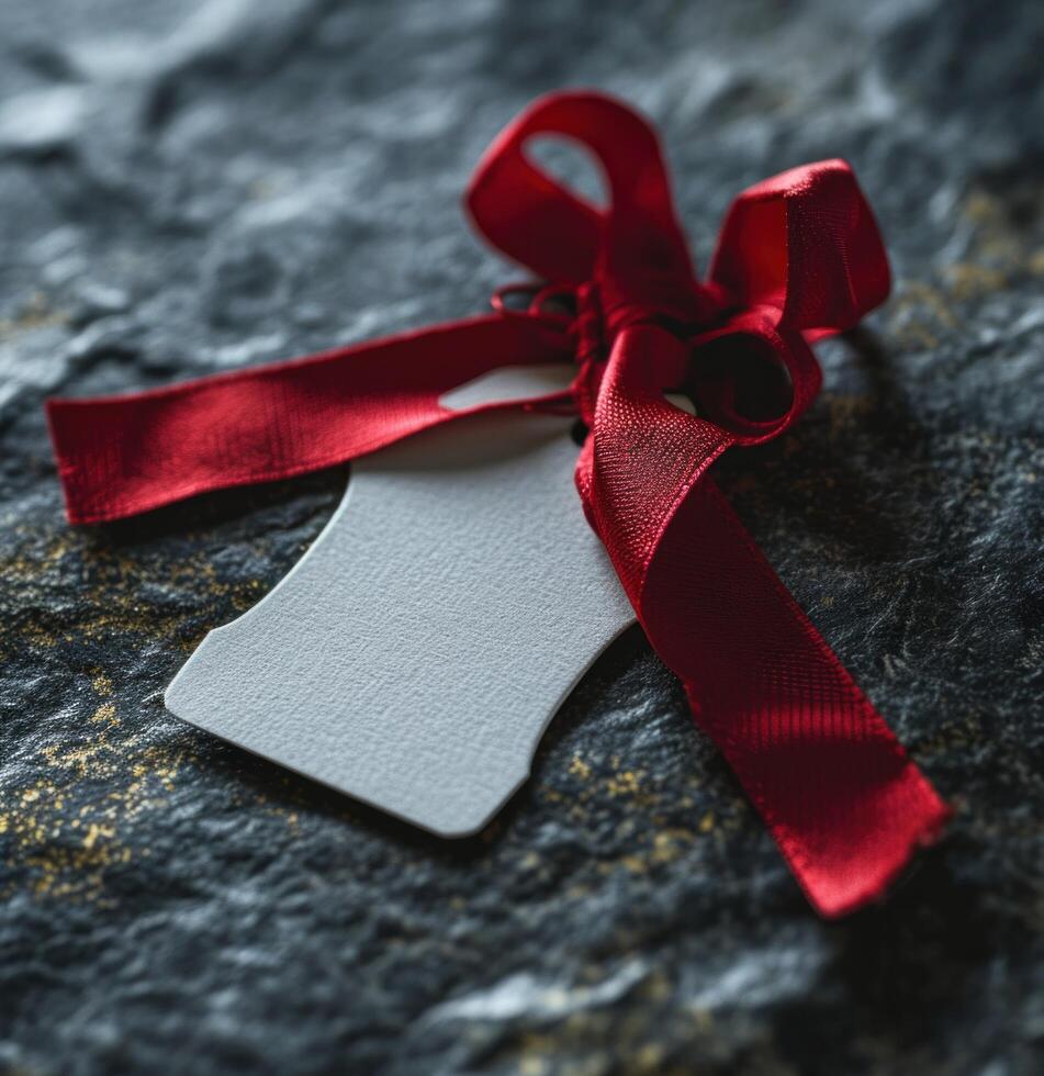 AI generated white tag with red ribbon hanging on grey photo