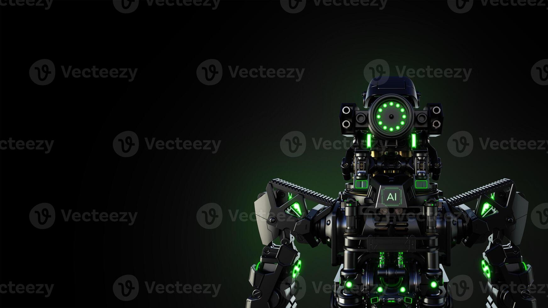 Futuristic AI Robot With Green Lights Posing Against a Dark Background, 3D rendering. photo
