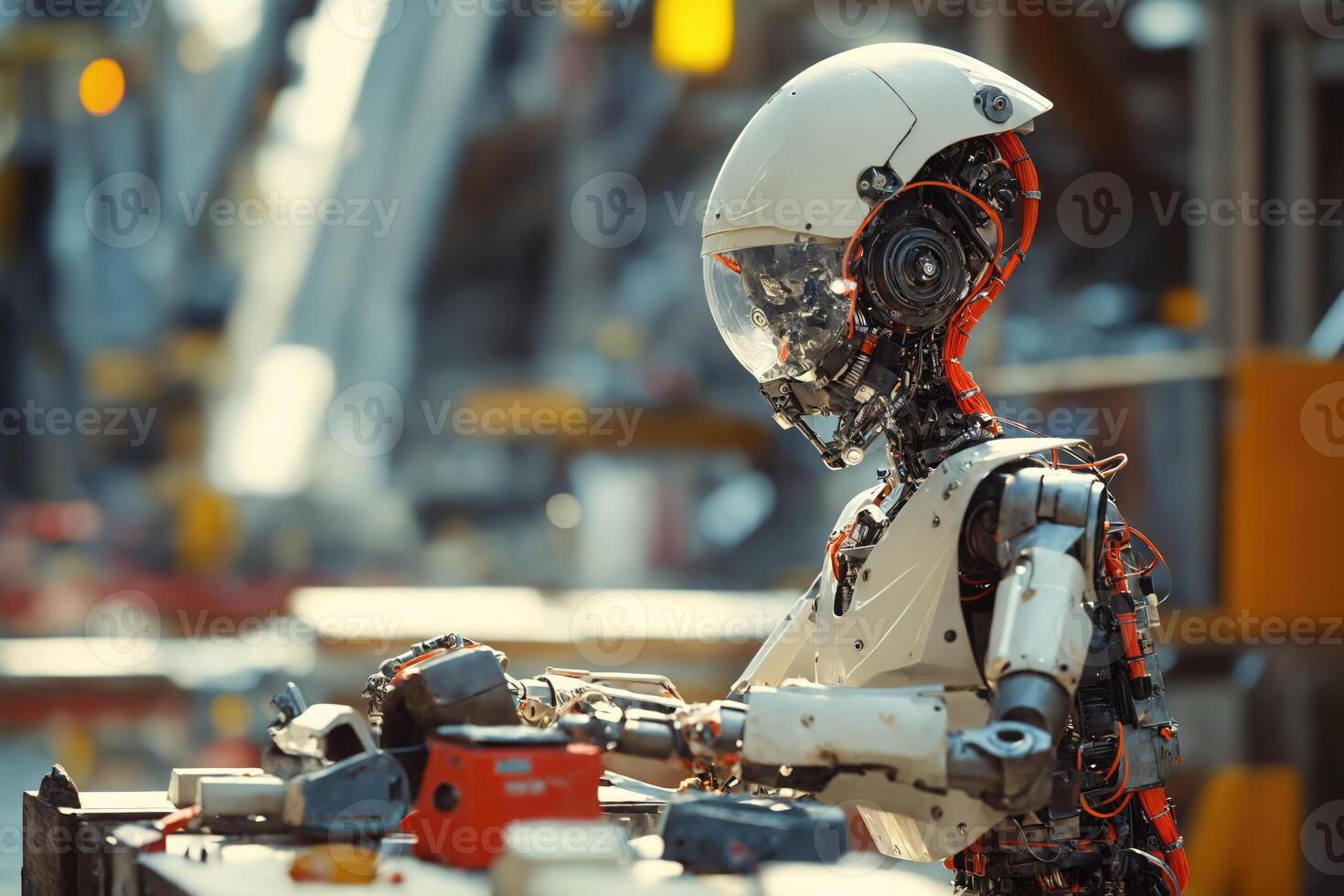 AI generated A humanoid robot in worker clothing, at a construction site Surrounded by machinery and structures. photo