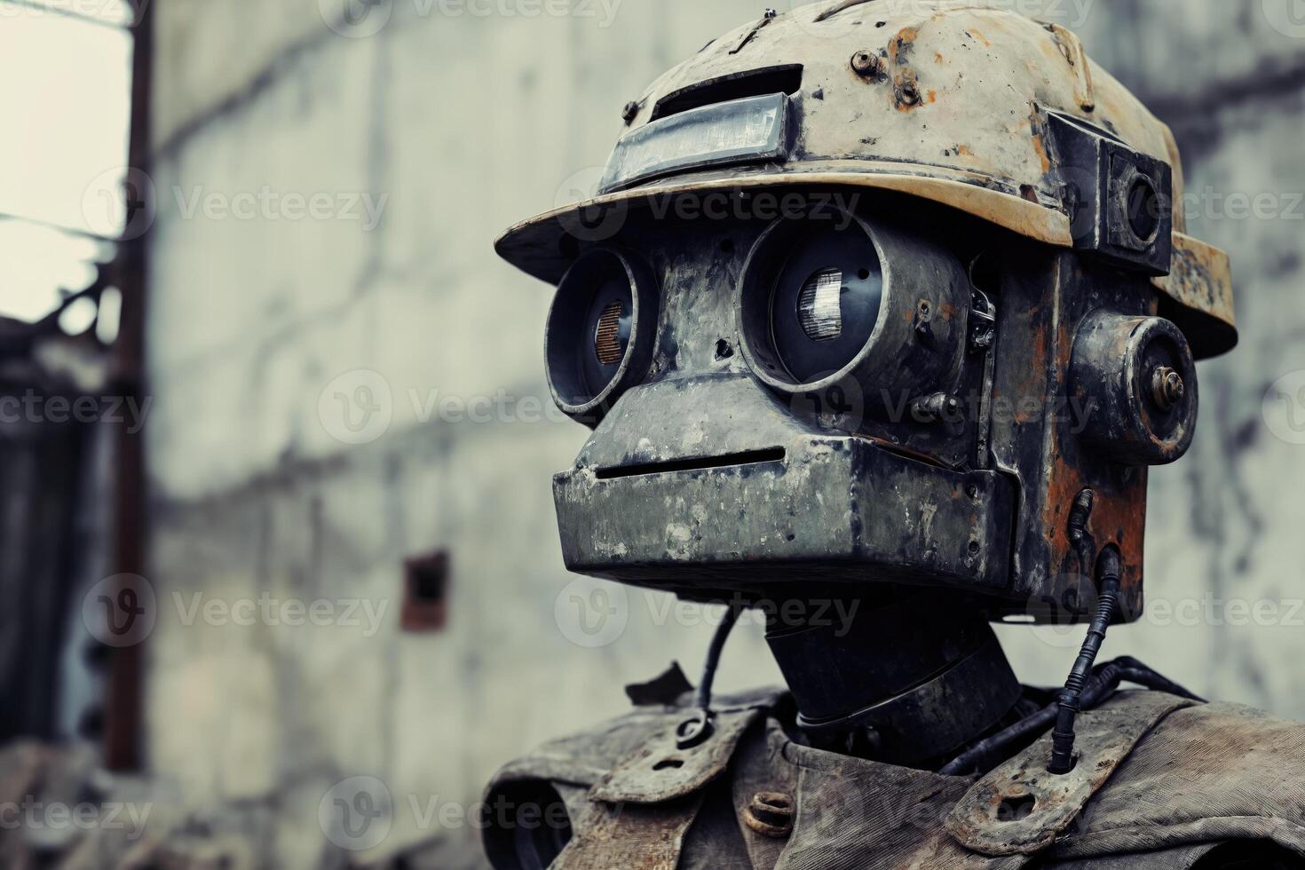 AI generated A humanoid robot in worker clothing, at a construction site Surrounded by machinery and structures. photo