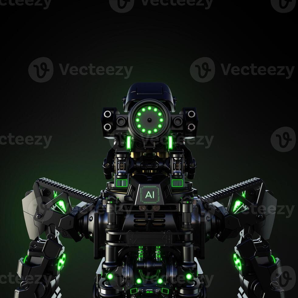 Futuristic AI Robot With Green Lights Posing Against a Dark Background, 3D rendering. photo