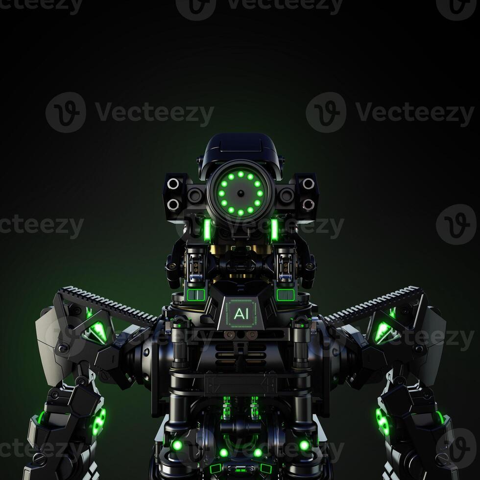 Futuristic AI Robot With Green Lights Posing Against a Dark Background, 3D rendering. photo