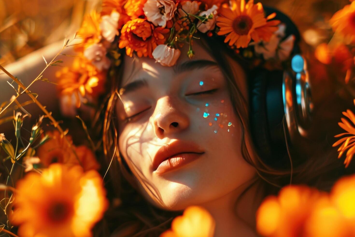 AI generated the girl with flowers on her head is listening to music photo