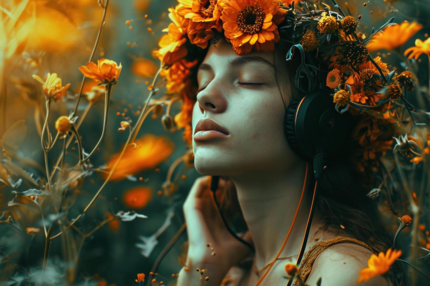 AI generated the girl with flowers on her head is listening to music photo