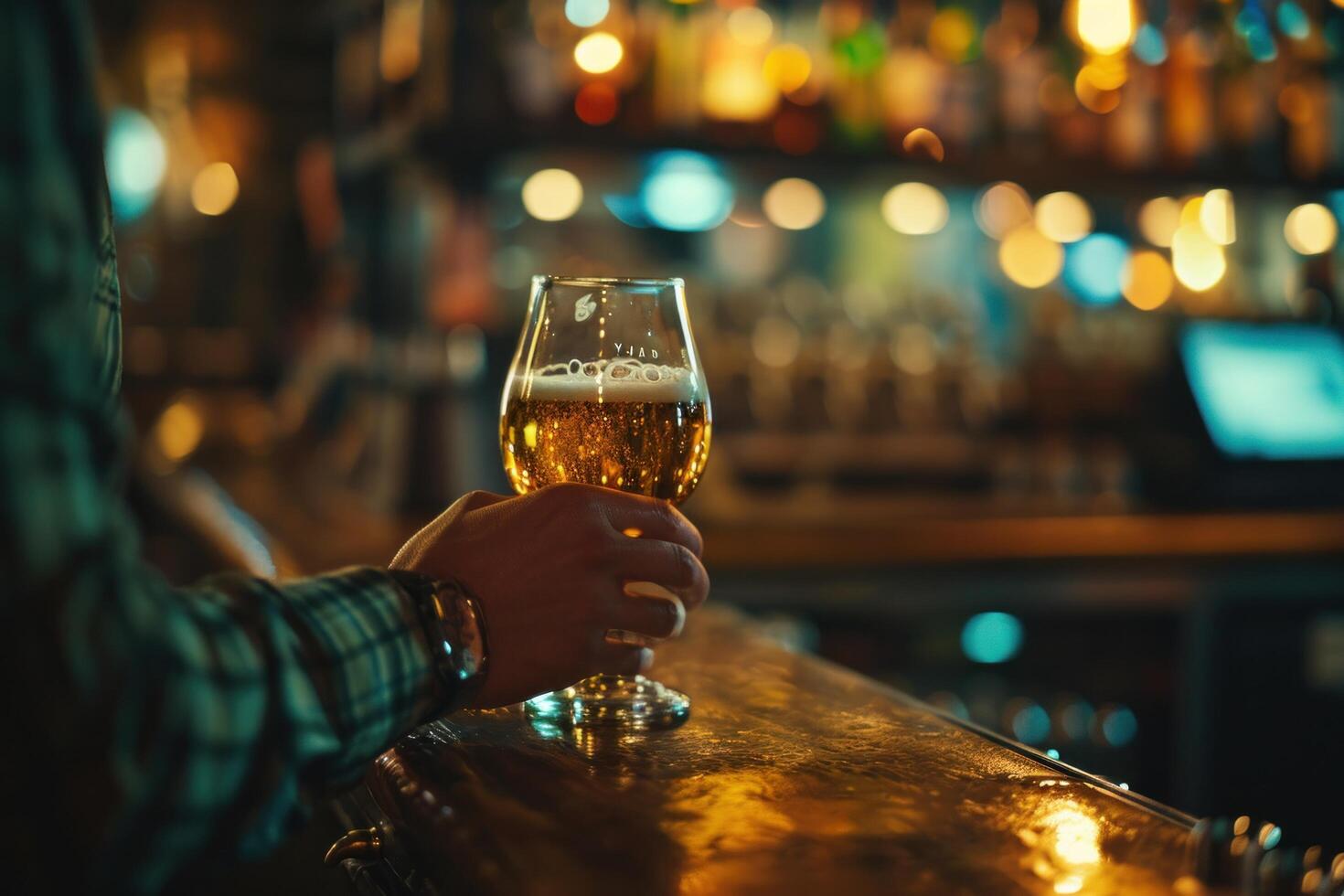 AI generated a bar man is holding a glass of beer photo