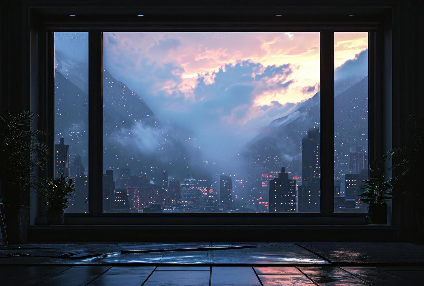 AI generated window in a space with mountains photo