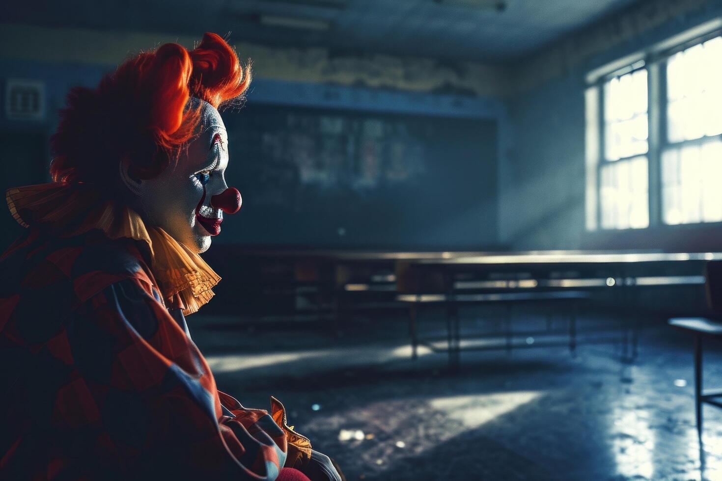 AI generated a clown in a classroom, in the style of cinematic montages photo