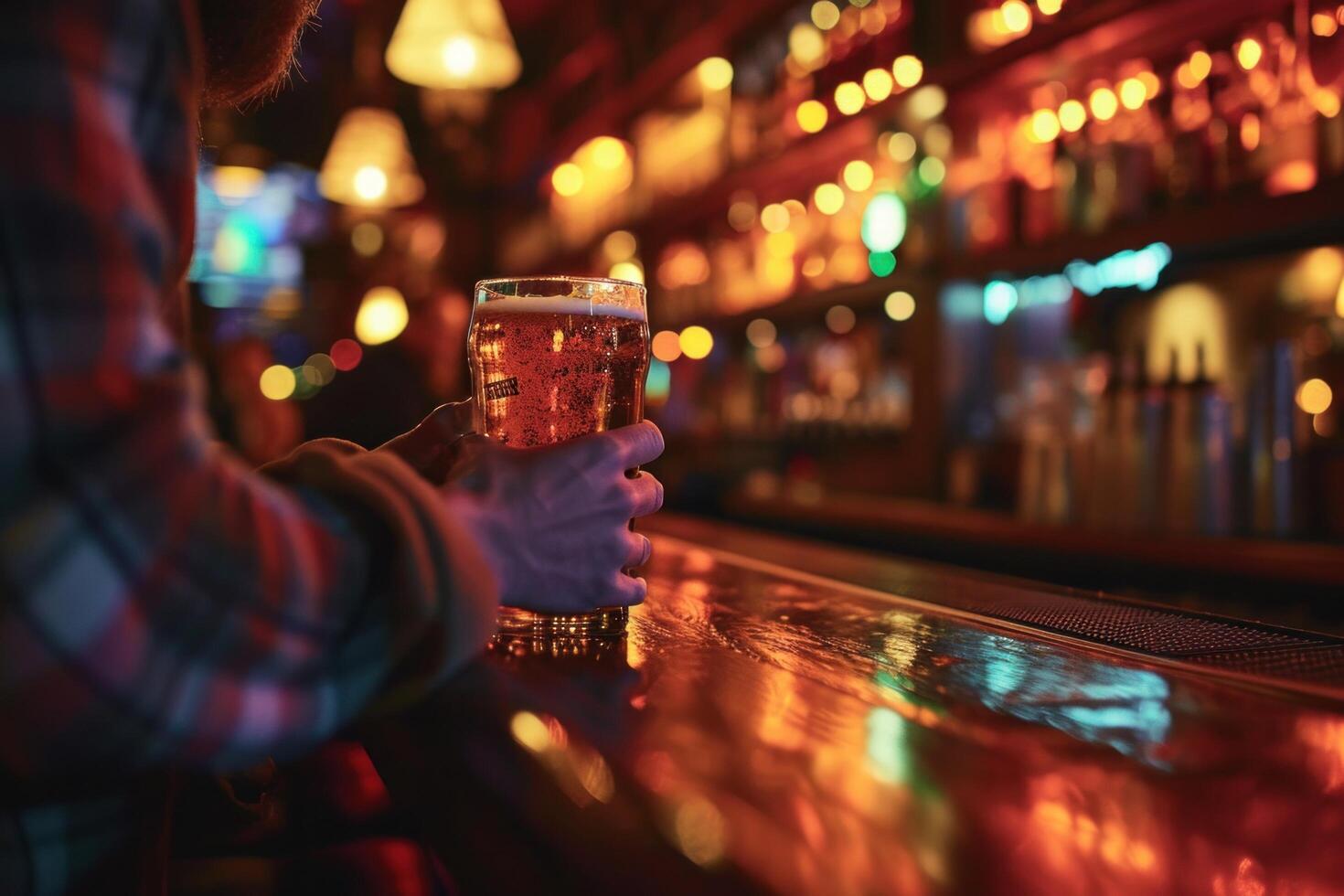 AI generated a bar man is holding a glass of beer photo