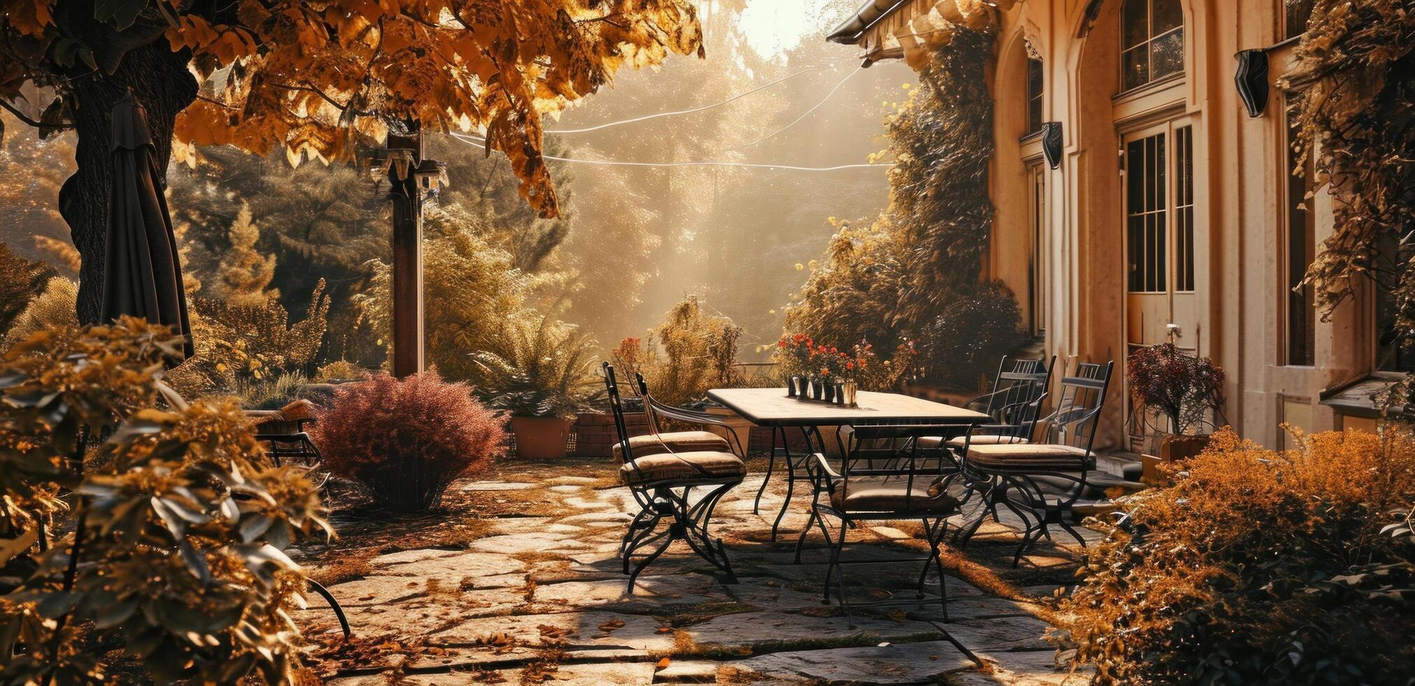 ai generado un hermosa al aire libre comida zona con comida sillas mesa y flores foto