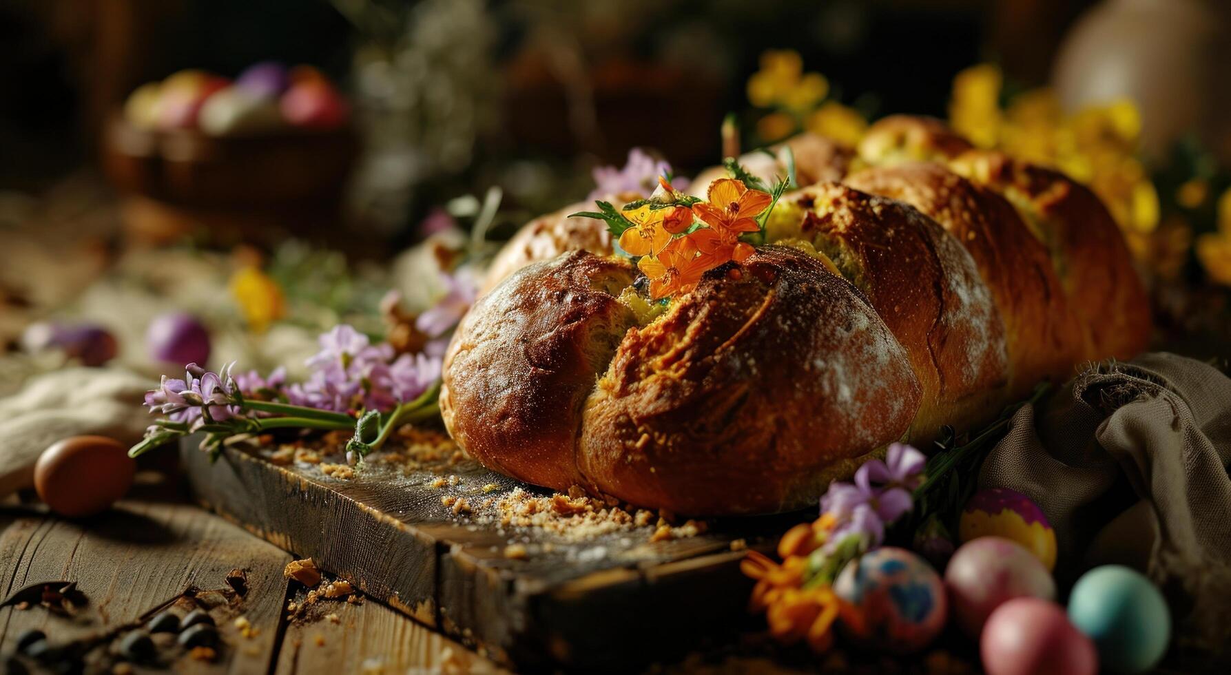 ai generado un un pan con algunos flores y Pascua de Resurrección huevos en parte superior foto