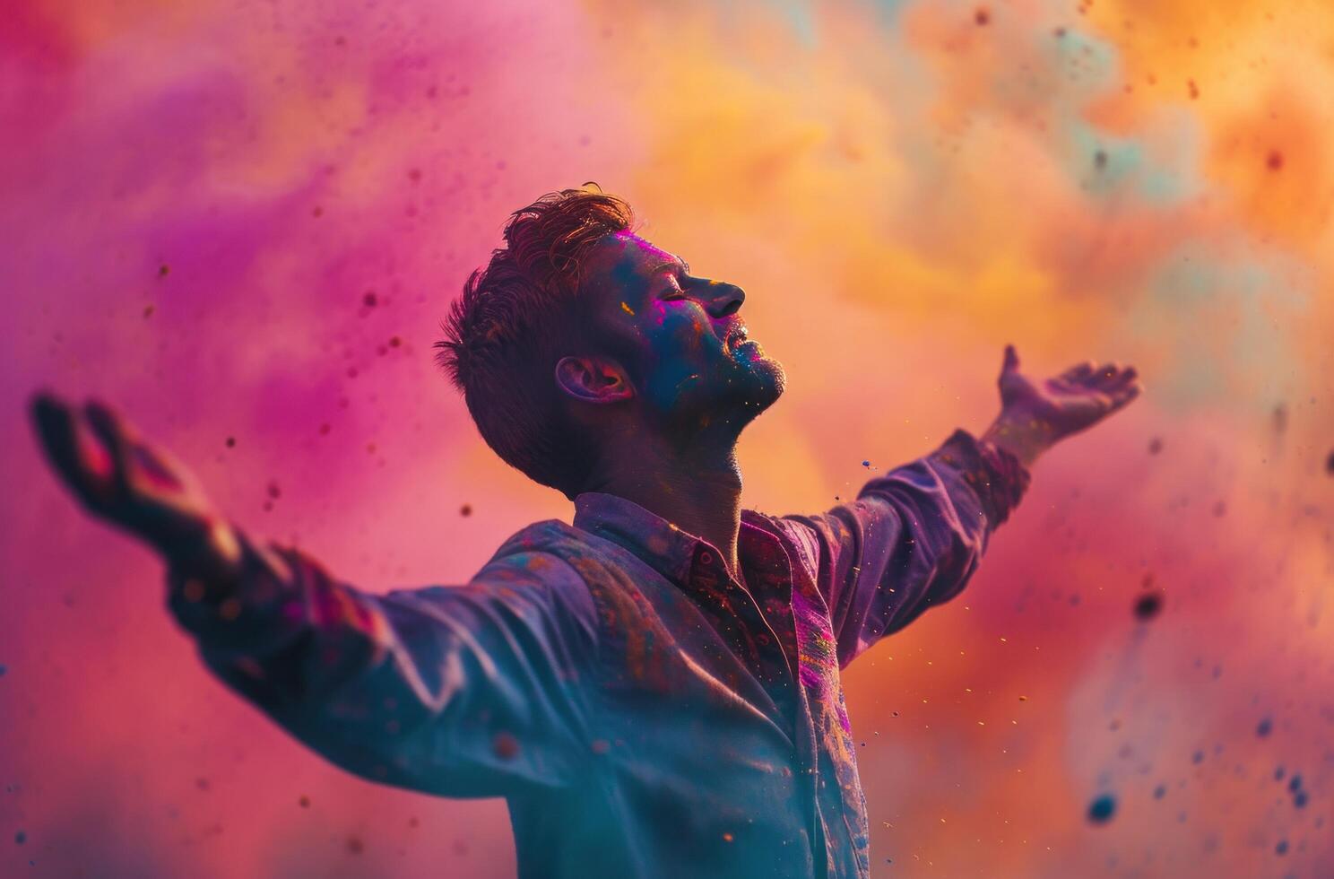 ai generado un vistoso hombre celebrando holi utilizando polvo foto