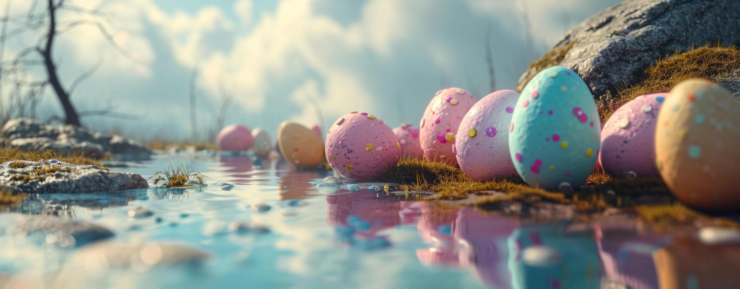 AI generated a group of colorful easter eggs stand beside a pond photo