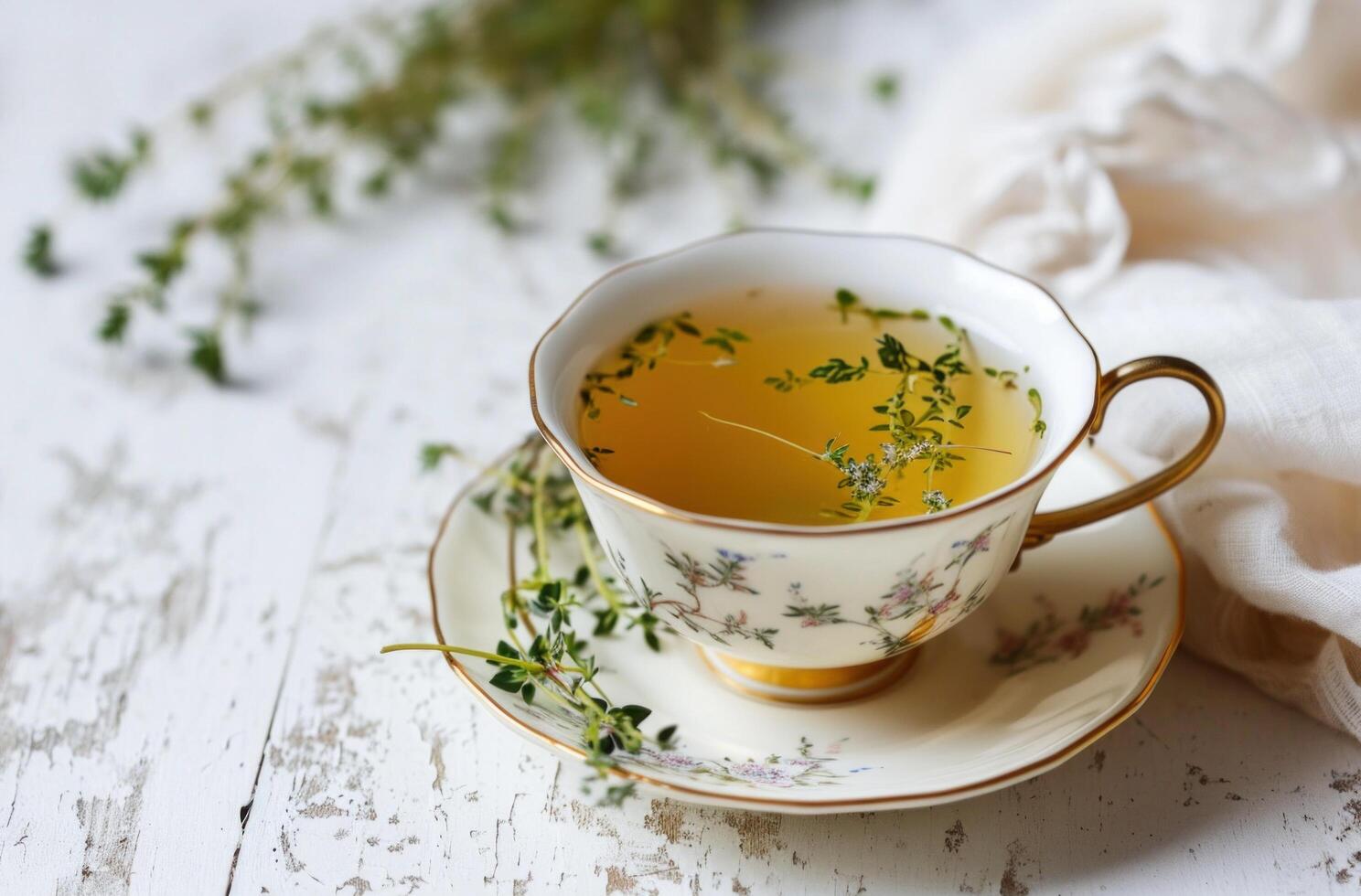 AI generated tea cup with a cup of thyme on a white wood table photo