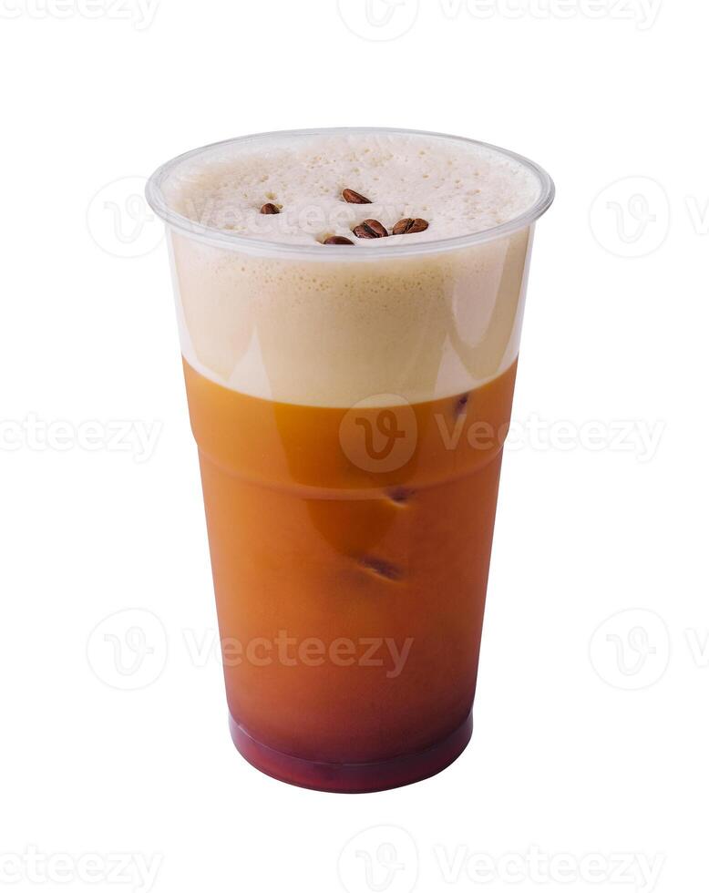 Iced coffee in plastic cup with coffee beans photo