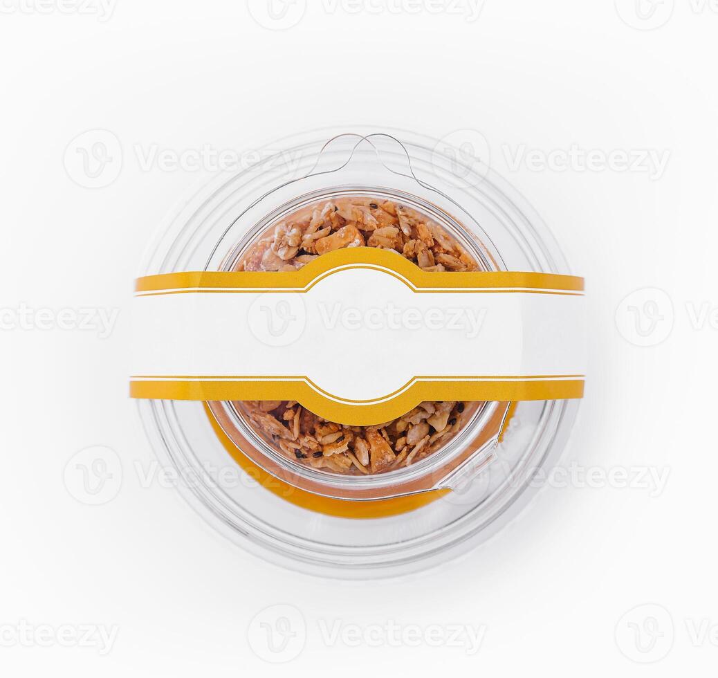 Chia pudding with mango and granola top view photo