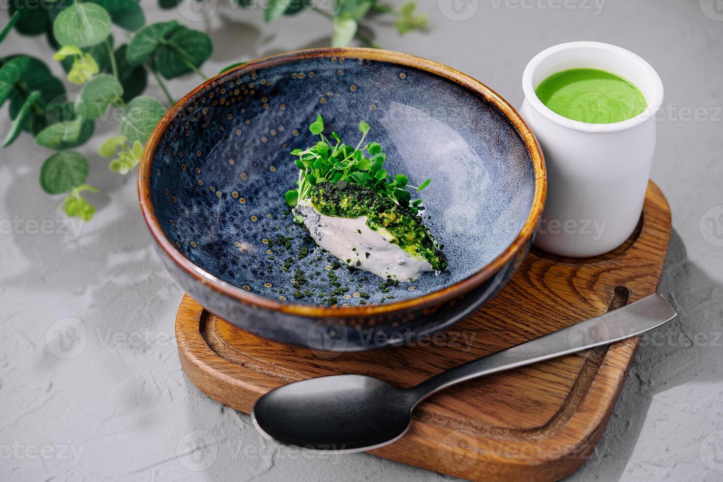 Broccoli cream soup on top view photo