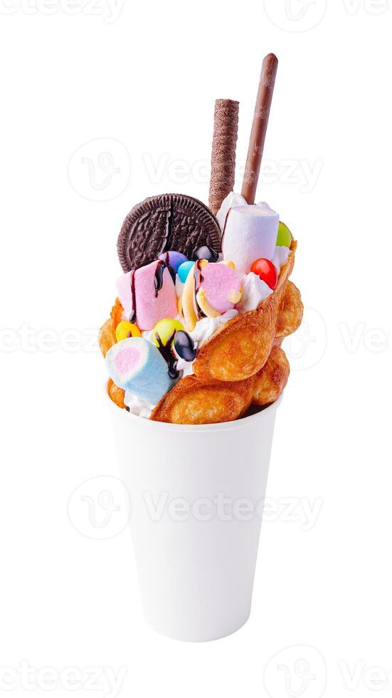 Hong kong or bubble waffle with ice cream and marshmallows photo