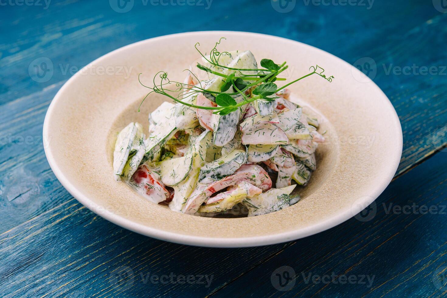 Salad with fresh vegetables and cream sause on plate photo