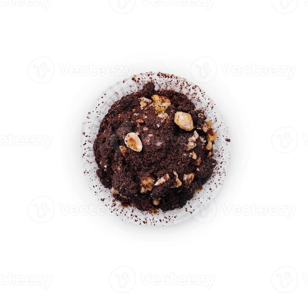 black chocolate muffins with nuts crumbs photo