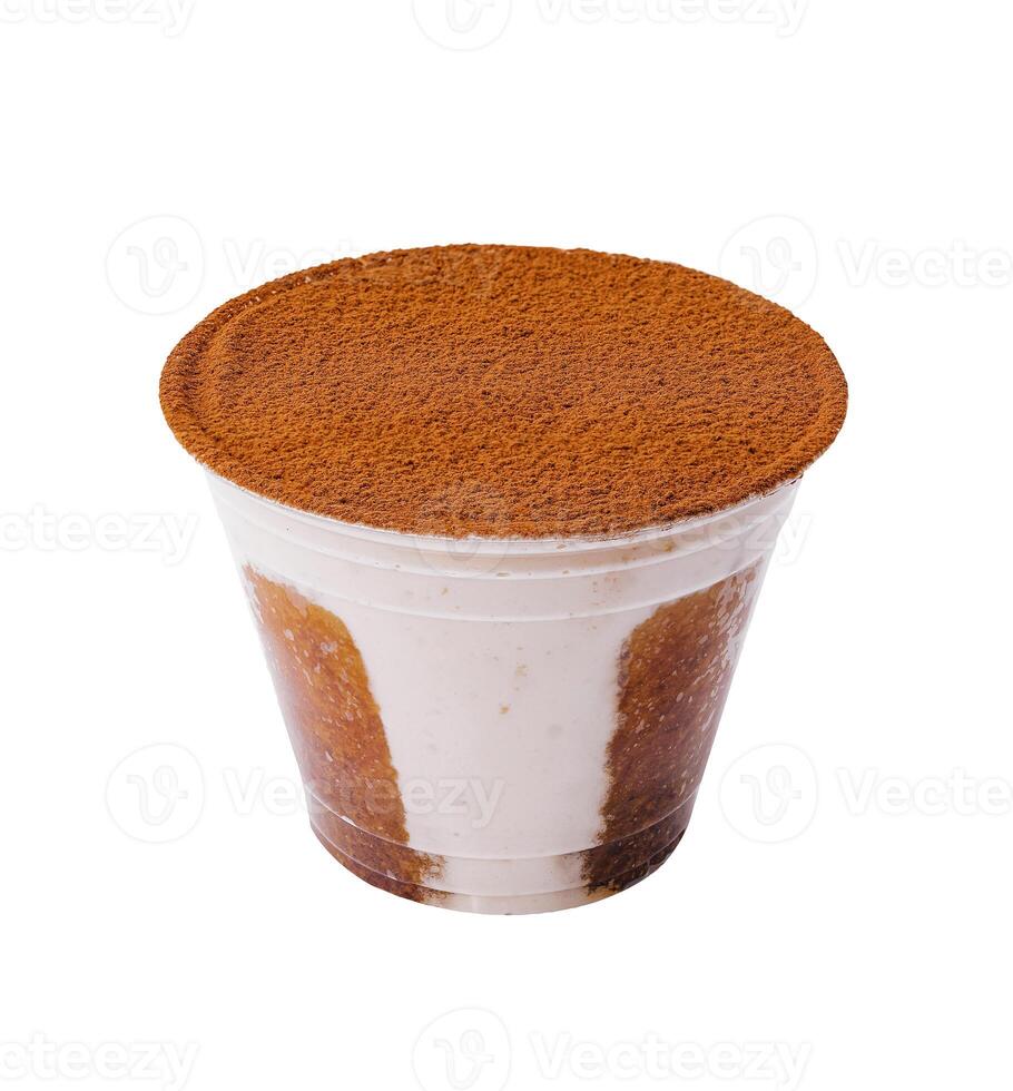 Italian dessert tiramisu in plastic glass photo