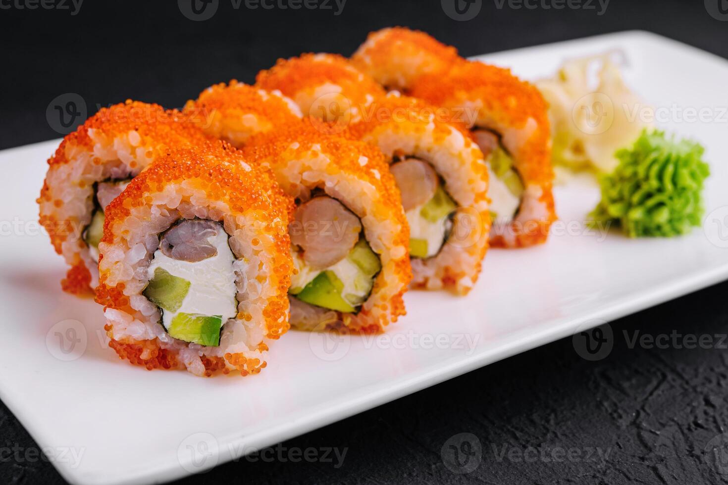 california sushi roll with shrimp on plate photo