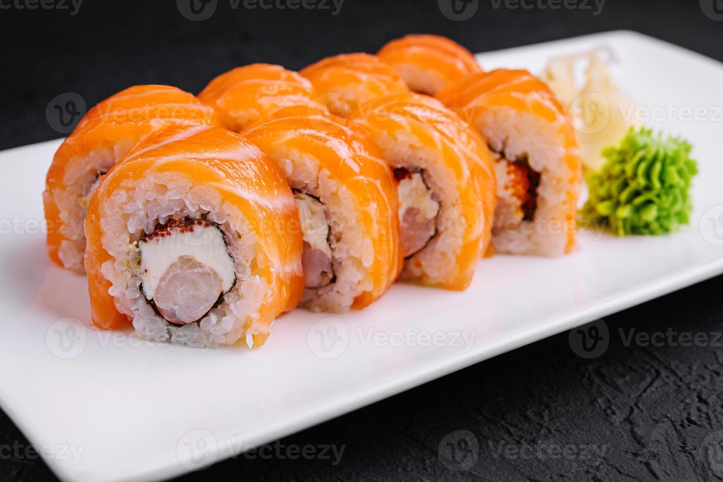 Sushi roll philadelphia with salmon and shrimps photo