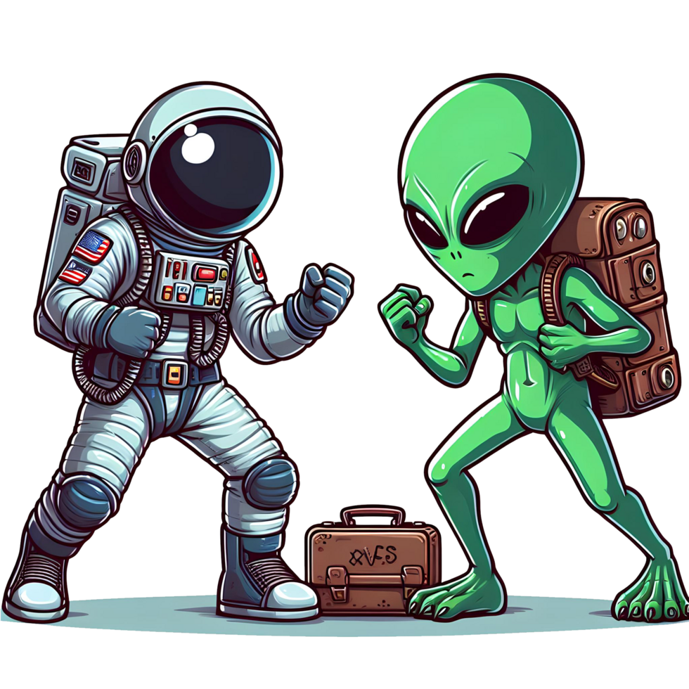 AI generated alien vs astronaut in cartoon style on transparent background png