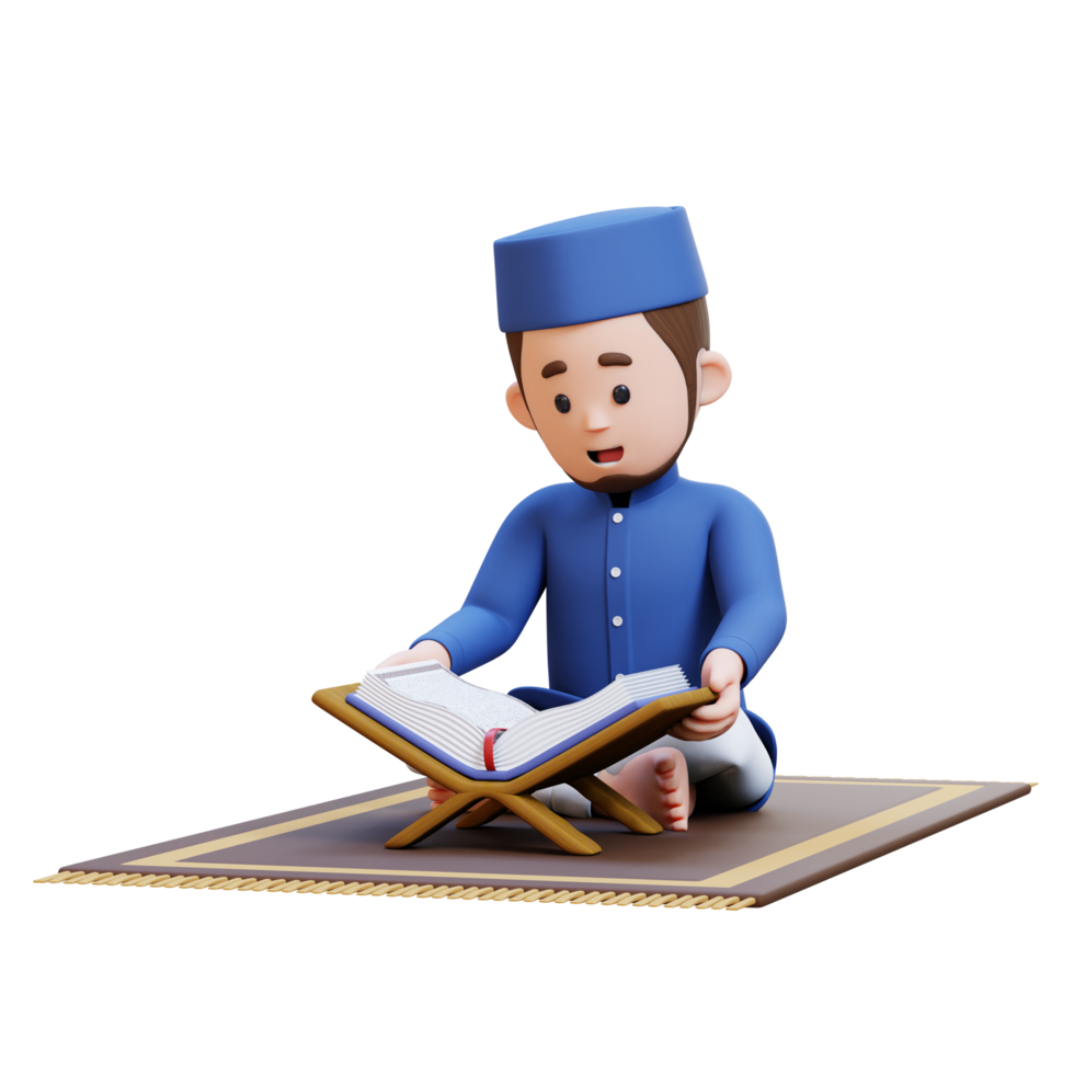 3D Characters of Muslim Man reciting the Koran in Ramadan kareem perfect for banner, web dan marketing material png