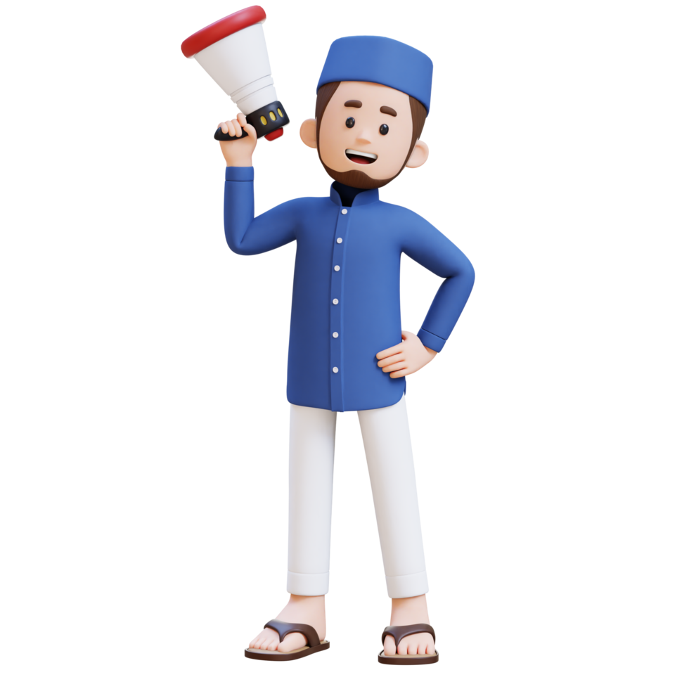 3D Characters of Muslim Man holding  megaphone perfect for banner, web dan marketing material png