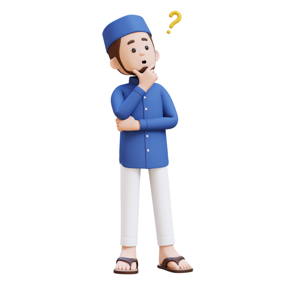 3D Characters of Muslim Man confused and thinking pose perfect for banner, web dan marketing material png