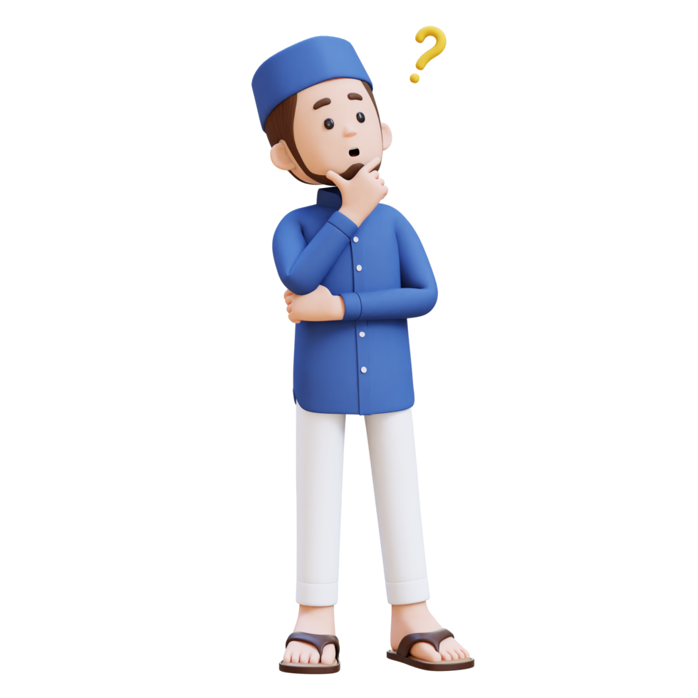 3D Characters of Muslim Man confused and thinking pose perfect for banner, web dan marketing material png