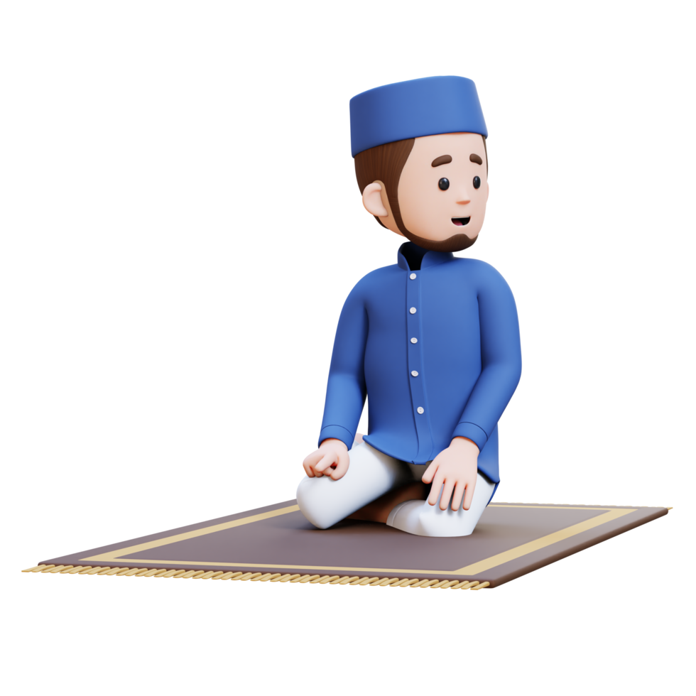 3D Characters of Muslim Man is in last tahiyat sitting during prayer and give salam to the left in ramadan perfect for banner, web dan marketing material png