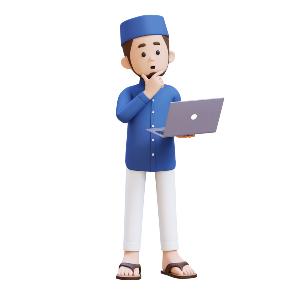 3D Characters of Muslim Man confuse while working on a laptop perfect for banner, web dan marketing material png