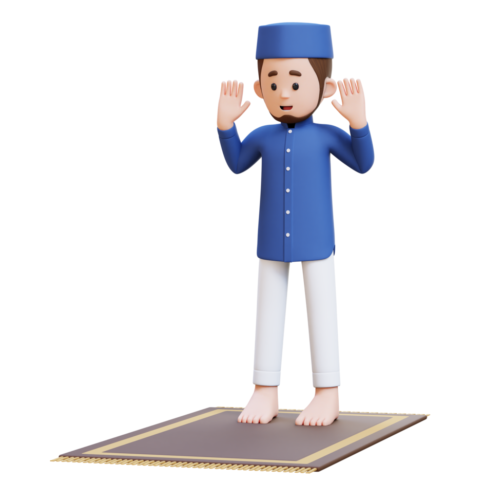3D Characters of Muslim Man doing takbir in sholat on Ramadan kareem perfect for banner, web dan marketing material png
