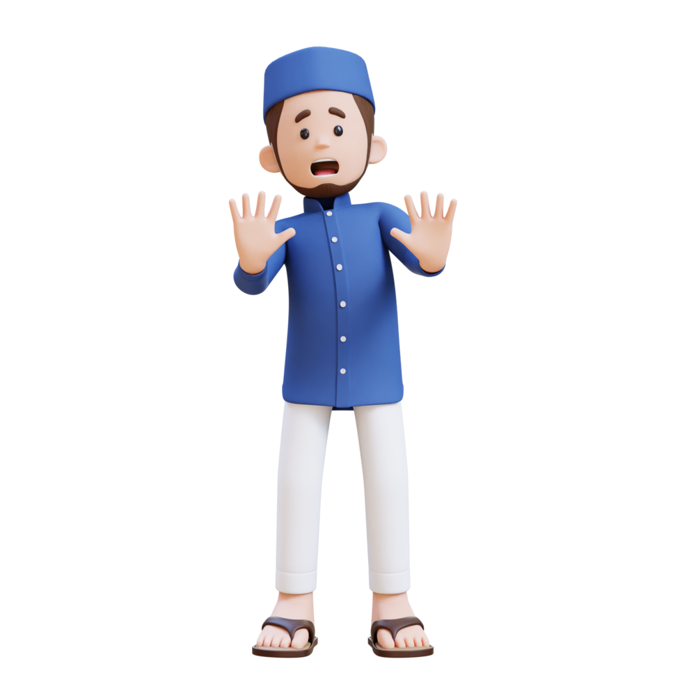 3D Characters of Muslim Man in fear and poses in denial perfect for banner, web dan marketing material png