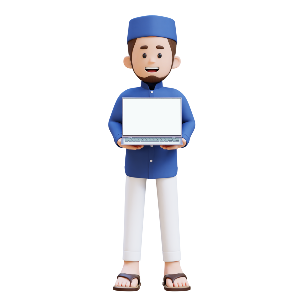 3D Characters of Muslim Man holding a laptop with empty screen perfect for banner, web dan marketing material png