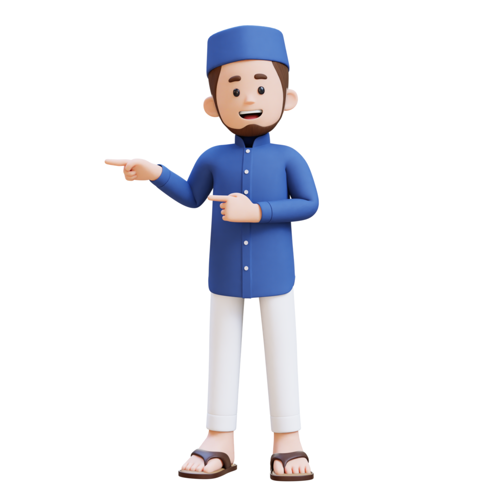 3D Characters of Muslim Man pointing to the right perfect for banner, web dan marketing material png