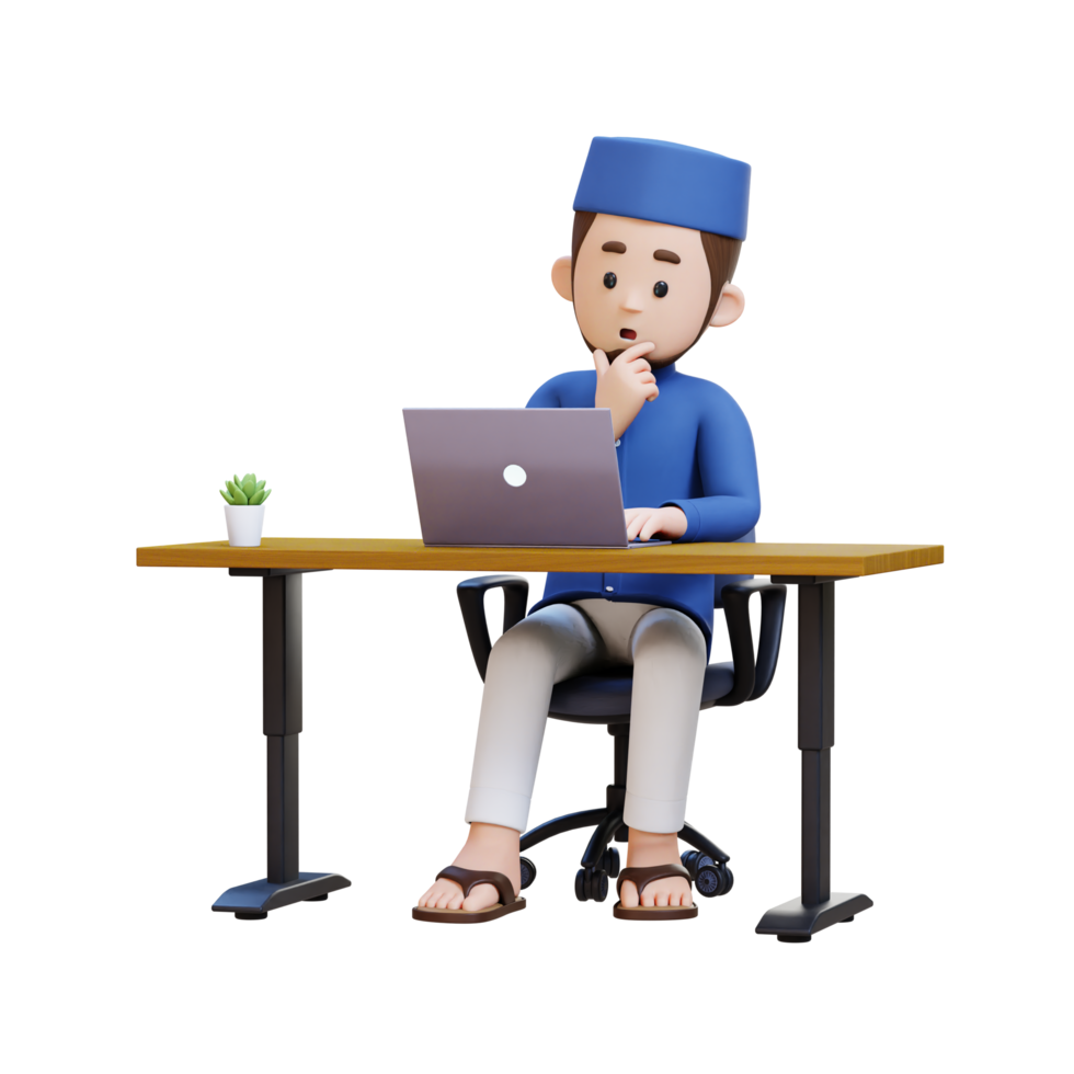 3D Characters of Muslim Man thinking and working on a laptop in working desk perfect for banner, web dan marketing material png