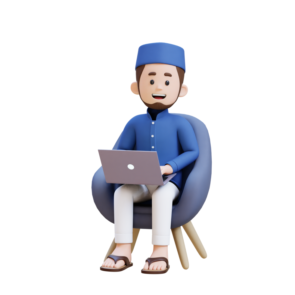 3D Characters of Muslim Man sit on sofa and working on a laptop perfect for banner, web dan marketing material png