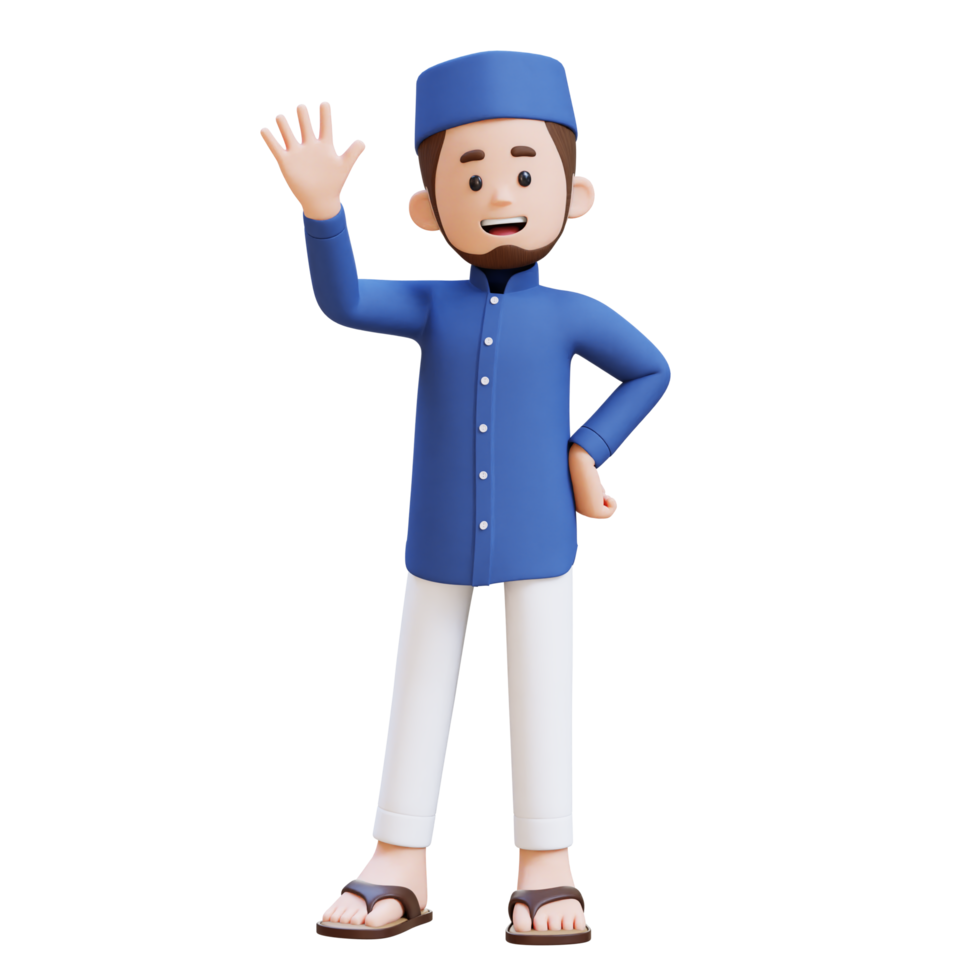 3D Characters of Muslim Man give salam and waving hand perfect for banner, web dan marketing material png