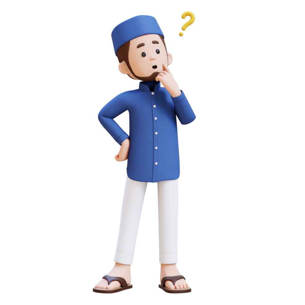 3D Characters of Muslim Man confused and thinking pose perfect for banner, web dan marketing material png
