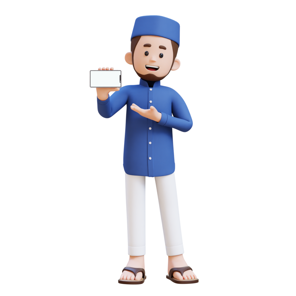 3D Characters of Muslim Man presenting on empty phone screen perfect for banner, web dan marketing material png