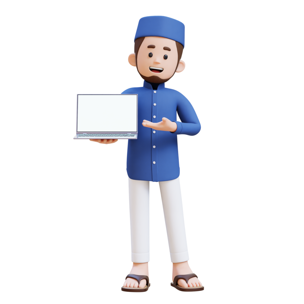 3D Characters of Muslim Man presenting on empty computer screen perfect for banner, web dan marketing material png