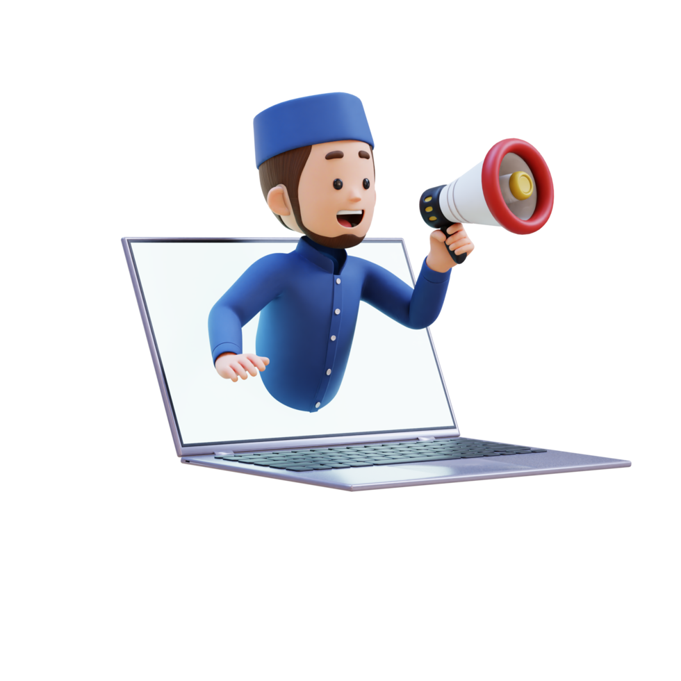 3D Characters of Muslim Man holding  megaphone and jump out from computer screen perfect for banner, web dan marketing material png